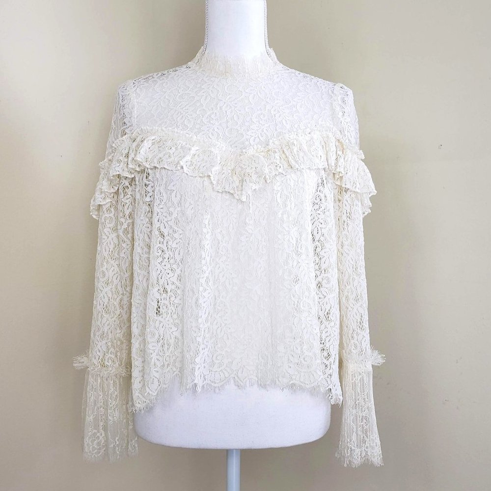 Saylor Lace Pattern Mock Neck Blouse Ivory Size Small